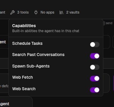 The Capabilities popover with per-ability toggles