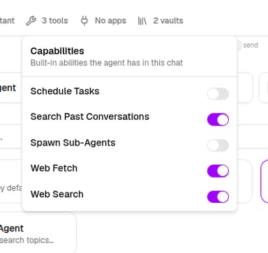 The Capabilities popover with per-ability toggles