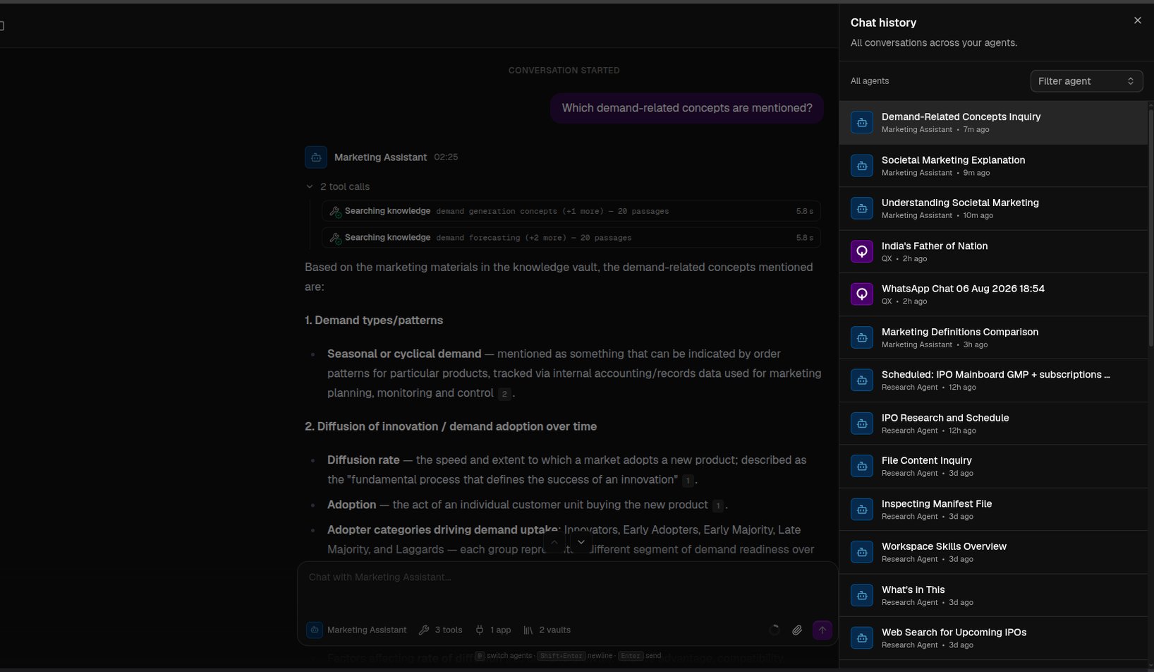 The chat history panel listing past conversations with an agent filter