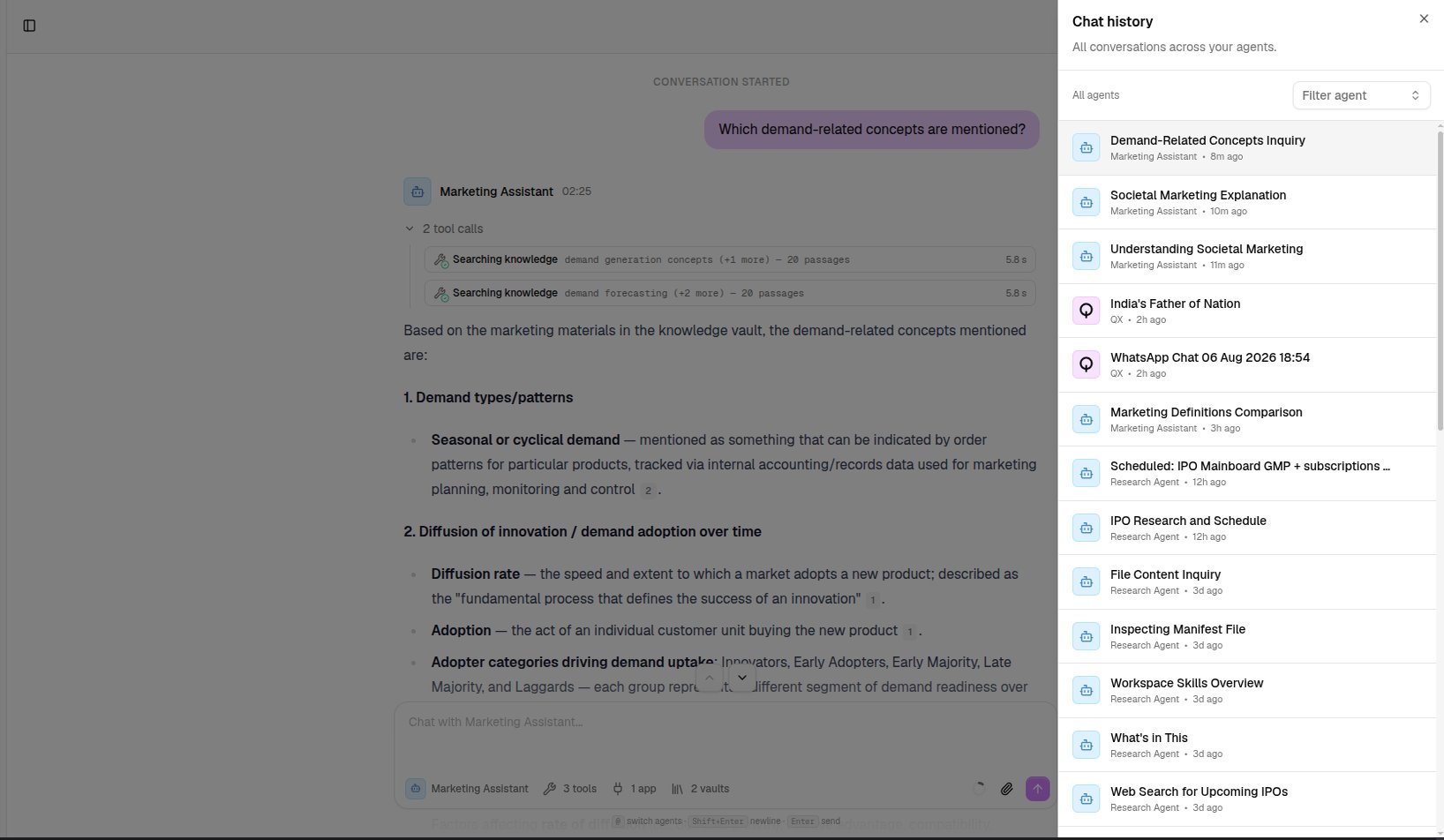 The chat history panel listing past conversations with an agent filter