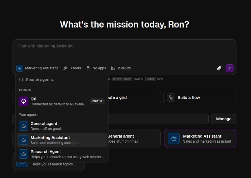The chat home screen with the agent picker open, listing built-in and your agents