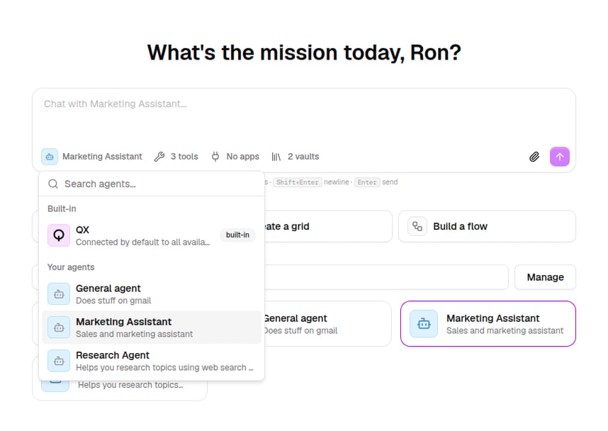 The chat home screen with the agent picker open, listing built-in and your agents
