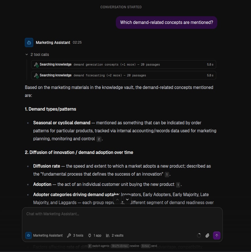 An agent's response with tool calls listed inline