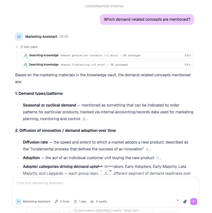 An agent's response with tool calls listed inline