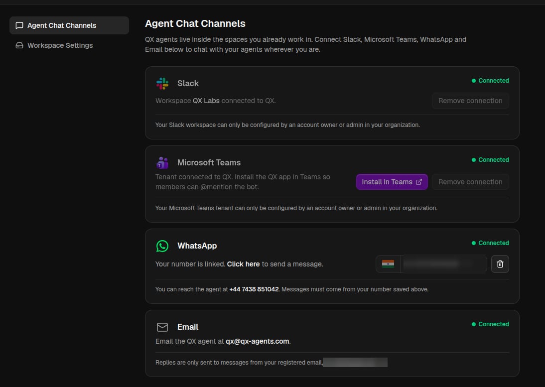 Agent Chat Channels settings where Slack, Teams, WhatsApp, and email are connected