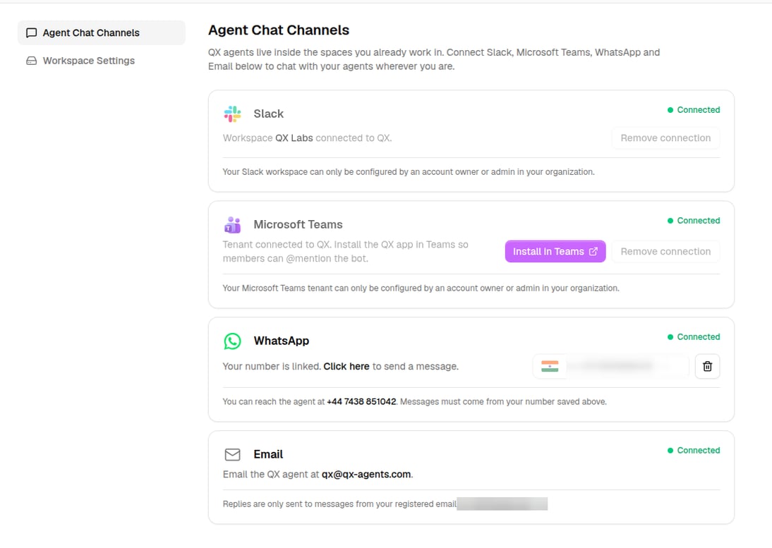 Agent Chat Channels settings where Slack, Teams, WhatsApp, and email are connected