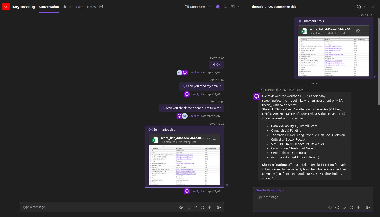 Chatting with a QX agent in Microsoft Teams