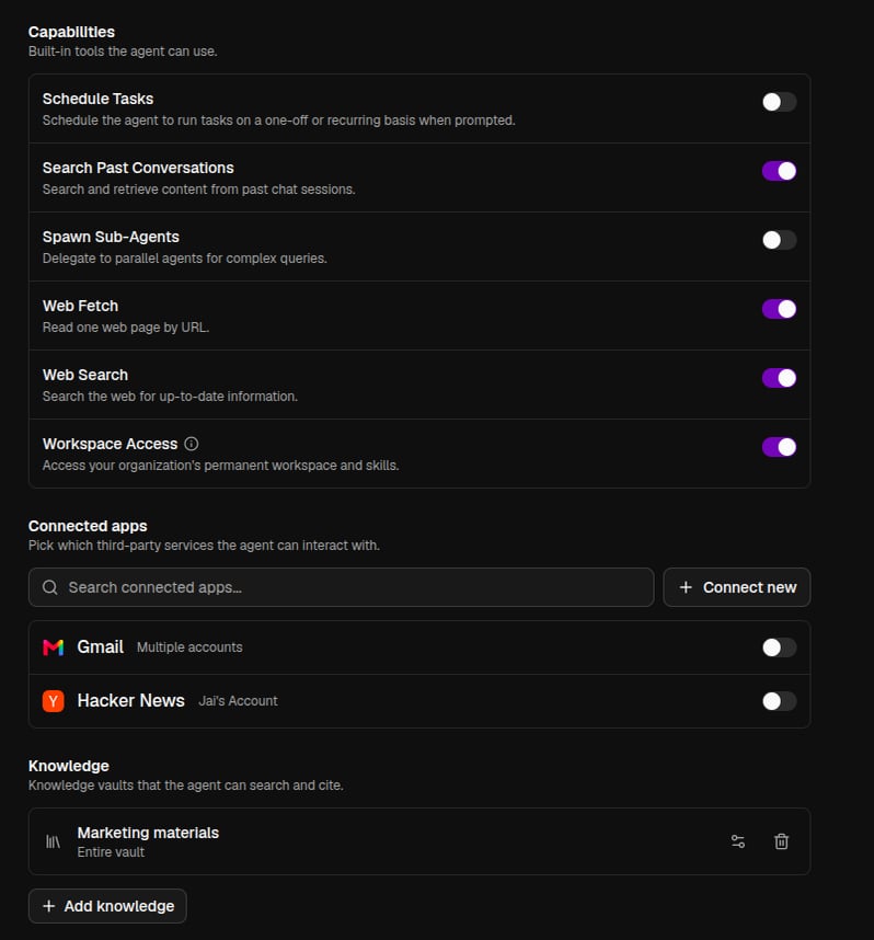 Agent editor showing capability toggles, connected apps, and knowledge vaults