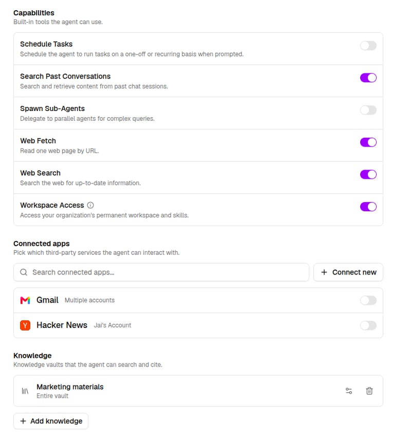 Agent editor showing capability toggles, connected apps, and knowledge vaults