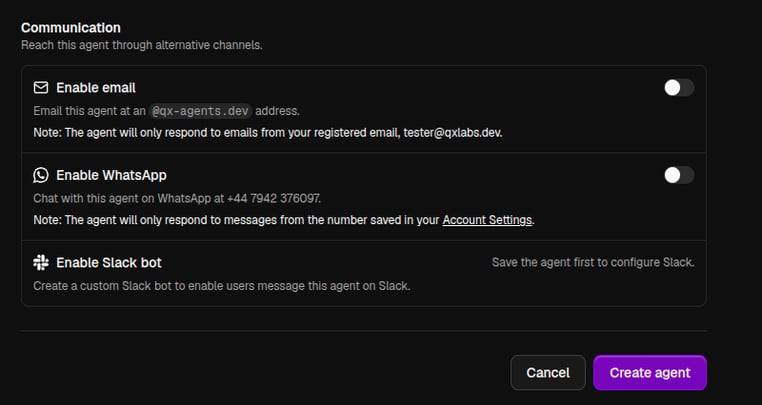 Agent editor communication section with email, WhatsApp, and Slack bot options