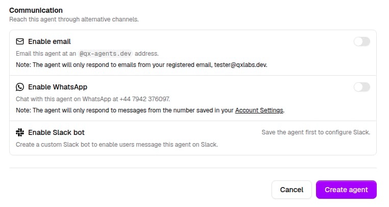 Agent editor communication section with email, WhatsApp, and Slack bot options