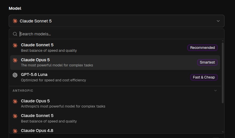 The model picker open, showing the Recommended, Smartest, and Fast & Cheap quick picks