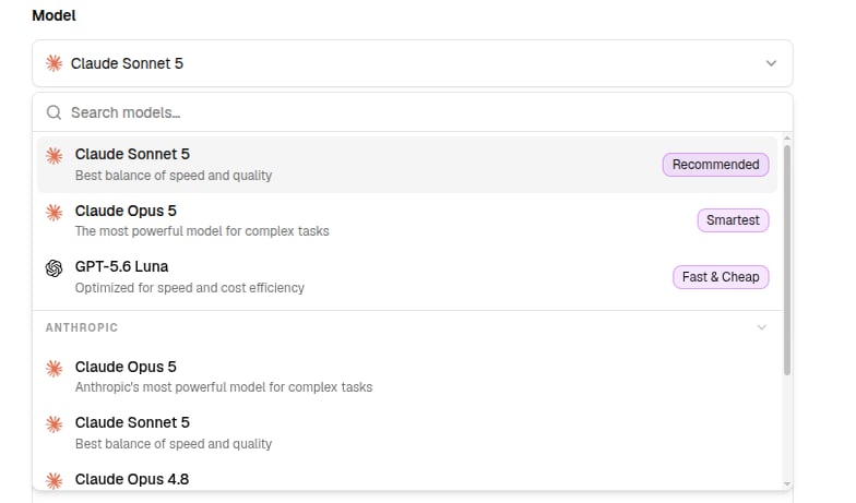 The model picker open, showing the Recommended, Smartest, and Fast & Cheap quick picks