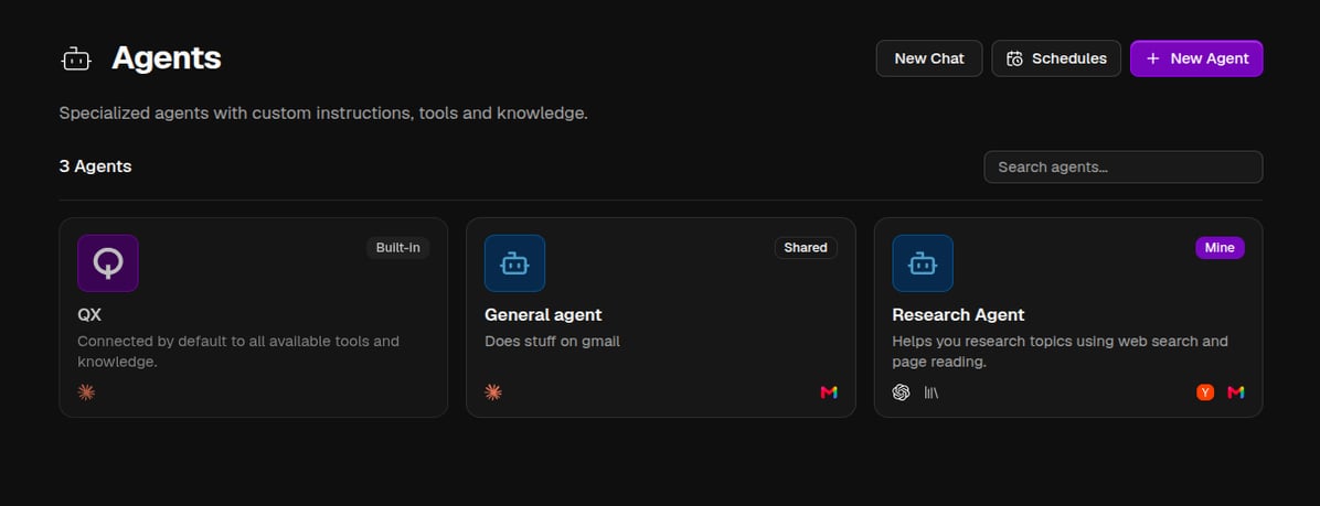 The Agents page listing agent cards
