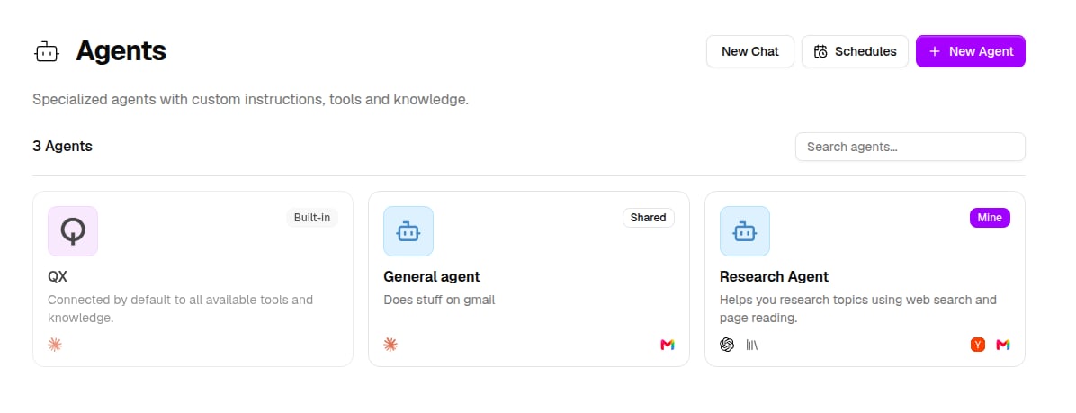 The Agents page listing agent cards