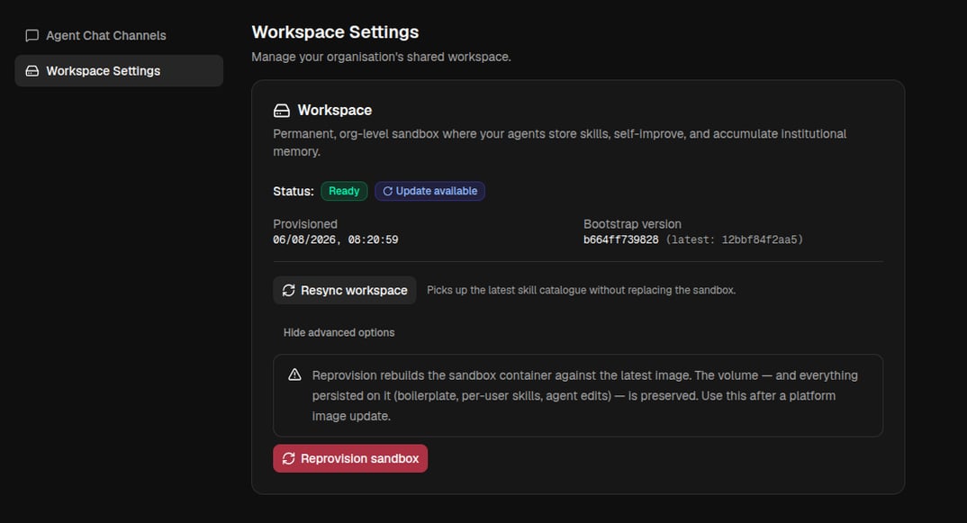 Workspace Settings showing the workspace status with Resync and Reprovision actions