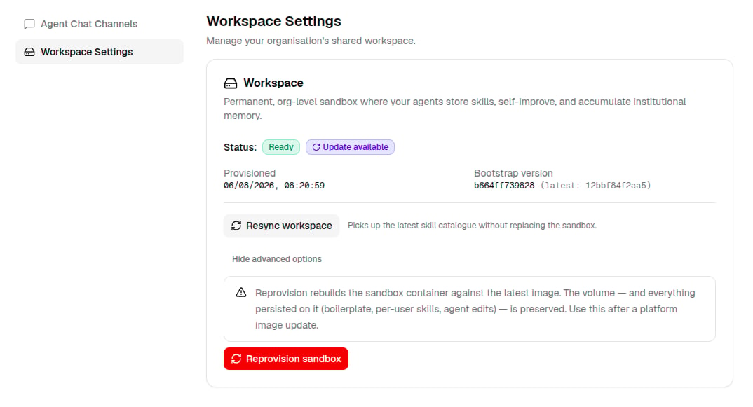 Workspace Settings showing the workspace status with Resync and Reprovision actions