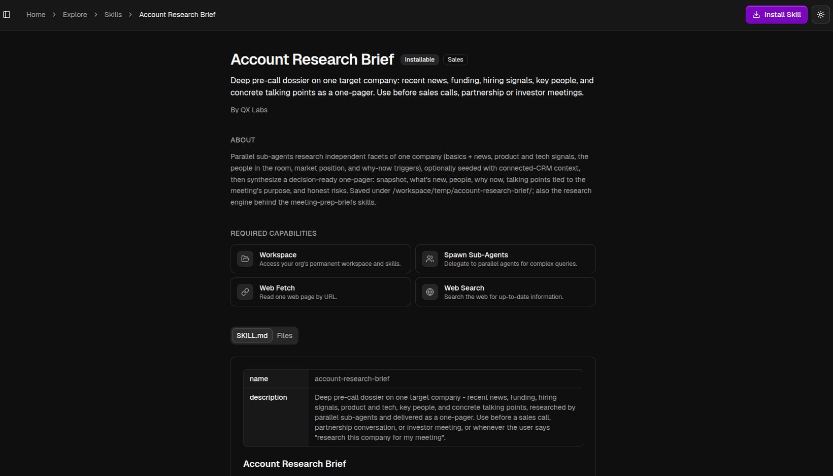 A skill's page with the Install Skill button and its required capabilities