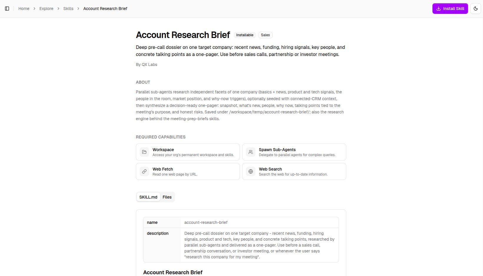 A skill's page with the Install Skill button and its required capabilities