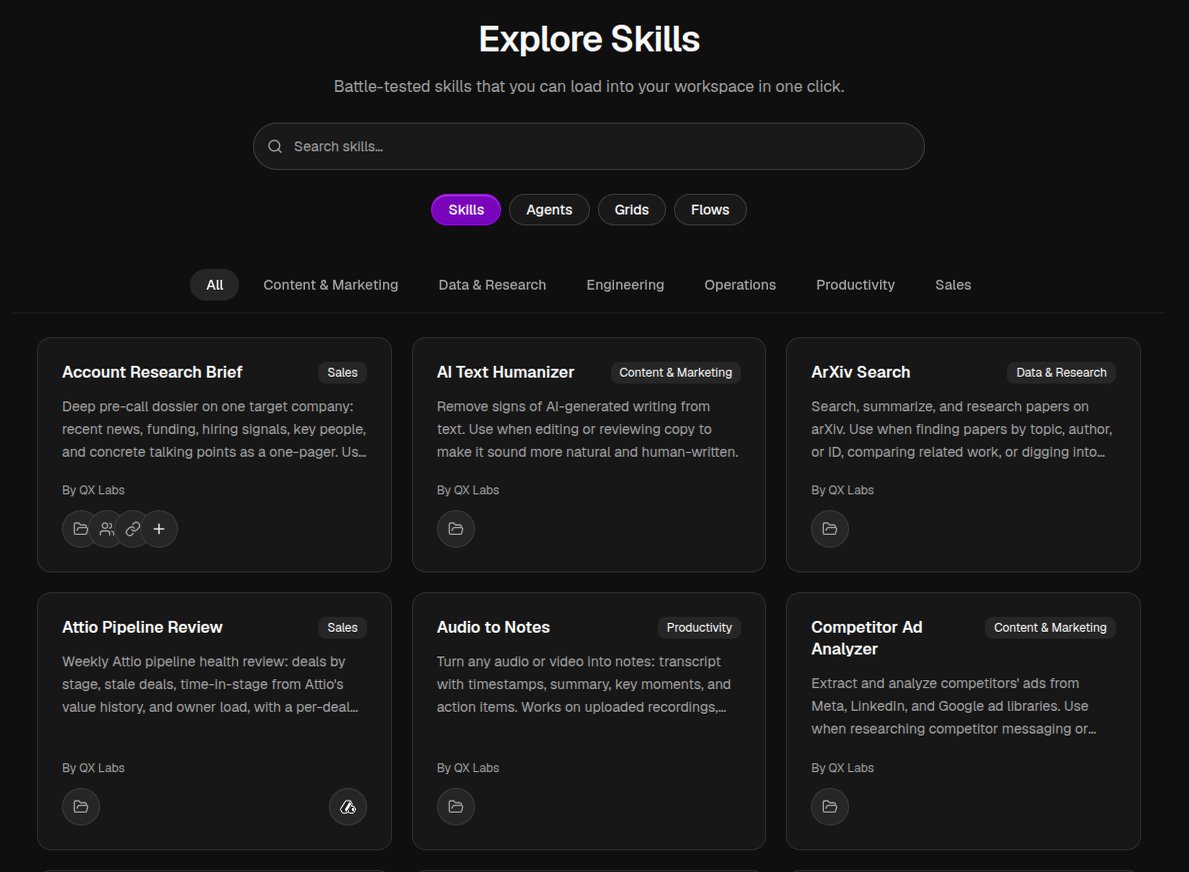 The Skills tab in Explore, showing the skill catalog