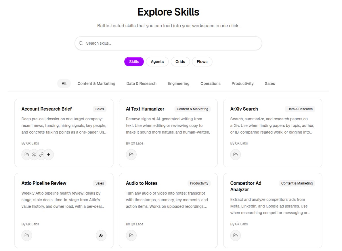 The Skills tab in Explore, showing the skill catalog
