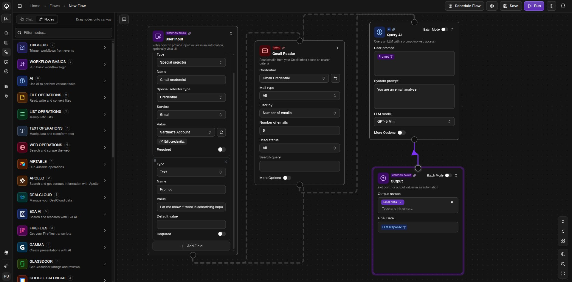 A node on the canvas with its fields, and the hover panels showing available inputs and outputs