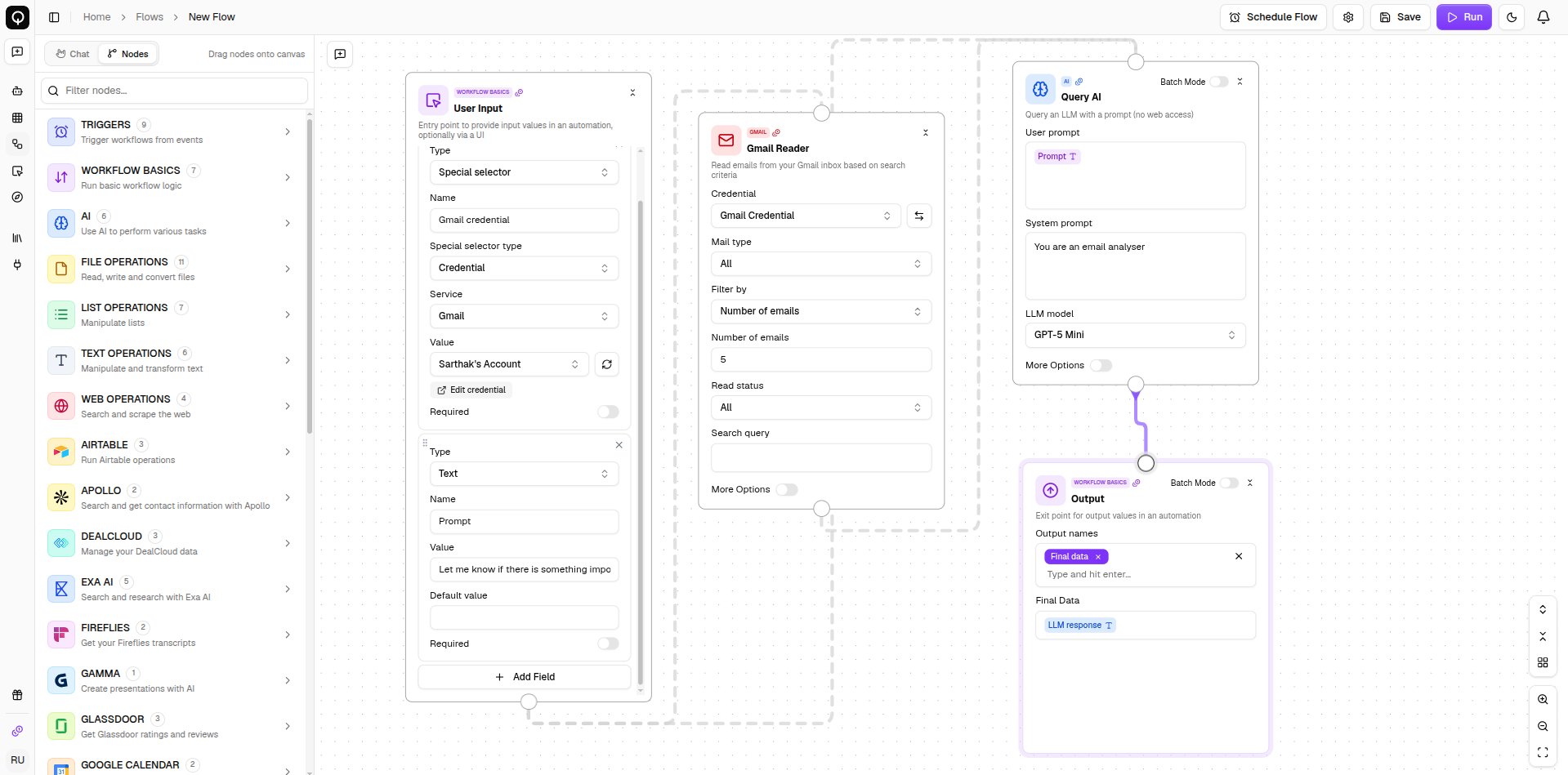 A node on the canvas with its fields, and the hover panels showing available inputs and outputs