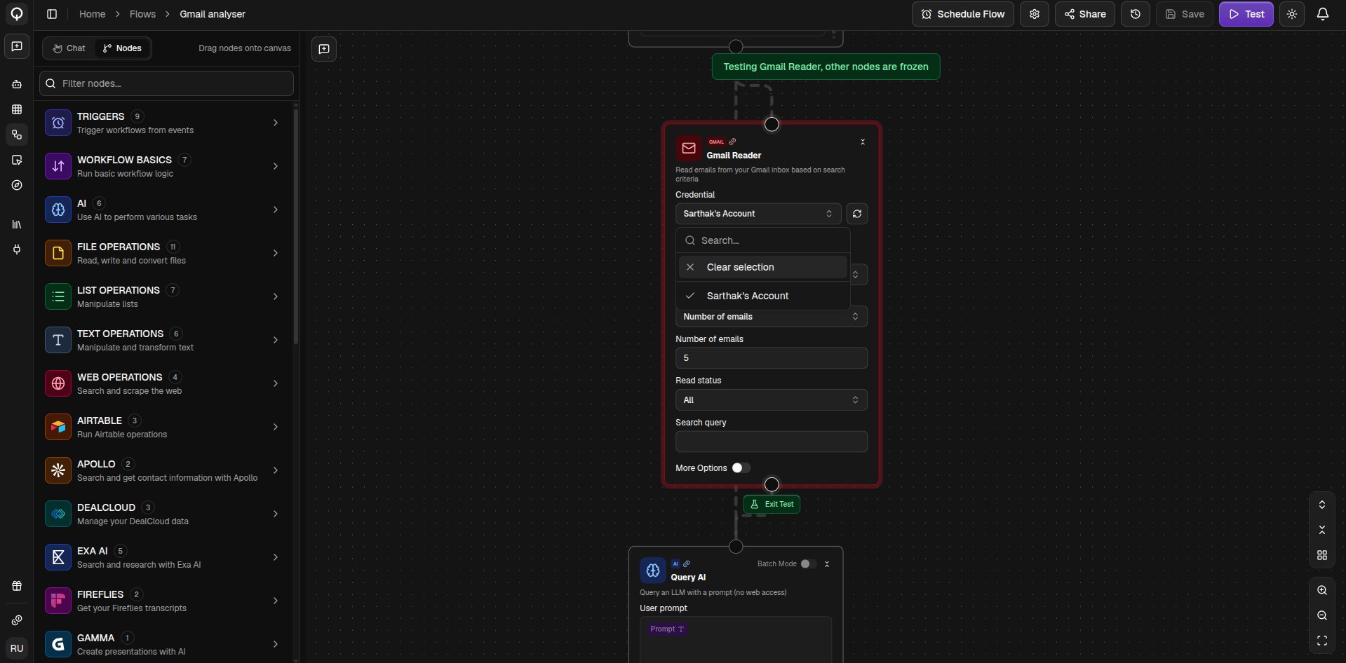 A node in test mode with sample value fields, while the rest of the canvas is frozen