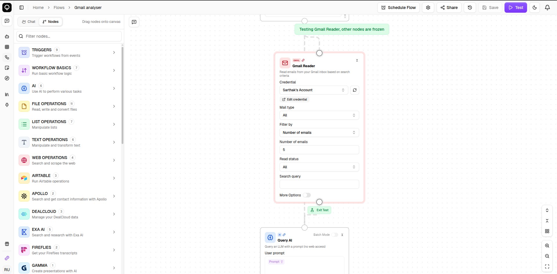 A node in test mode with sample value fields, while the rest of the canvas is frozen