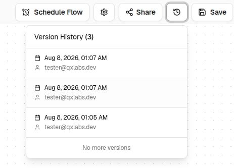 The version history list showing earlier saves of a flow