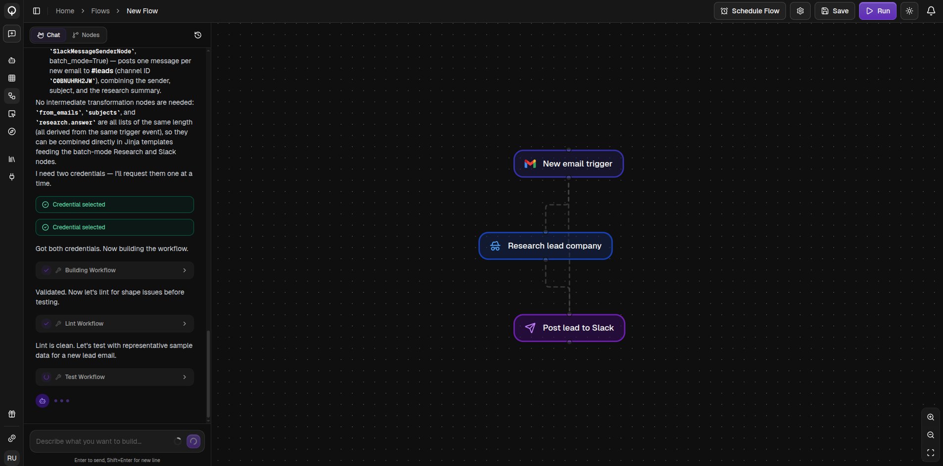The flow builder's Chat mode showing progress cards and a live preview of the flow being built