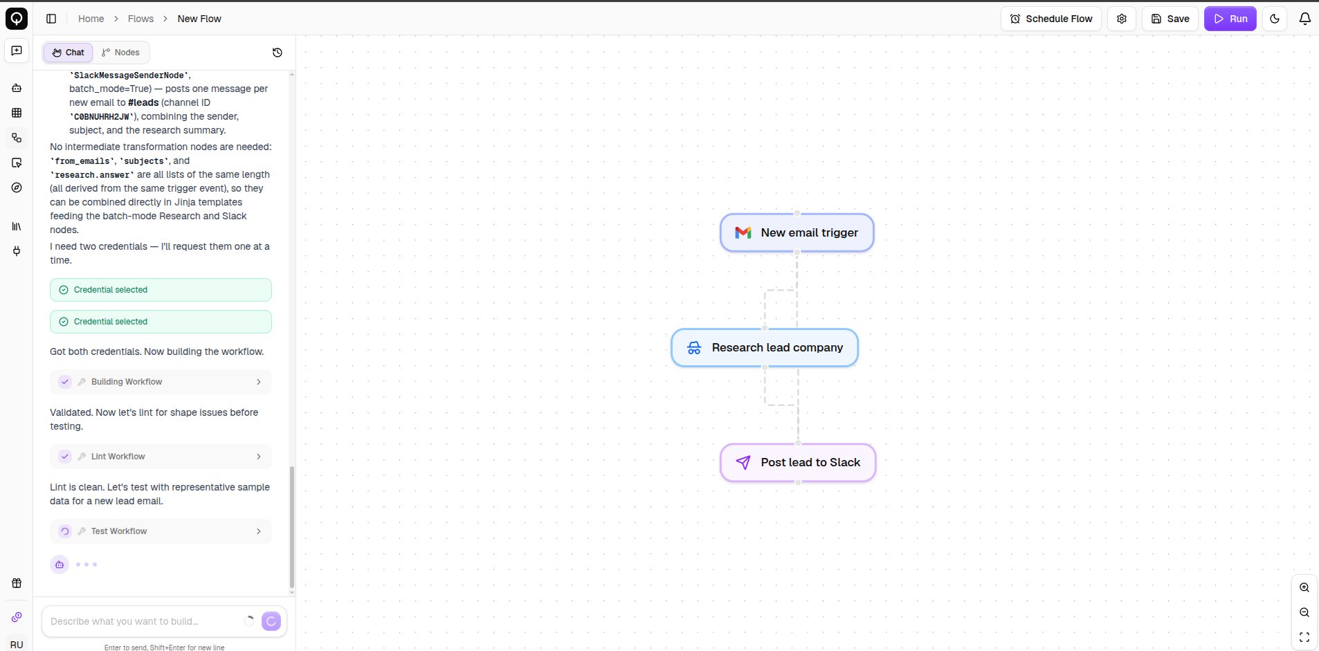 The flow builder's Chat mode showing progress cards and a live preview of the flow being built