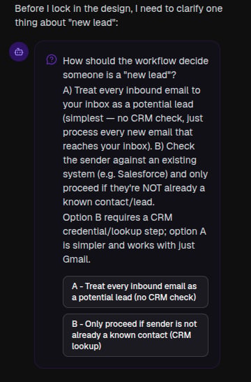 A clarifying question card in the chat, with answer options