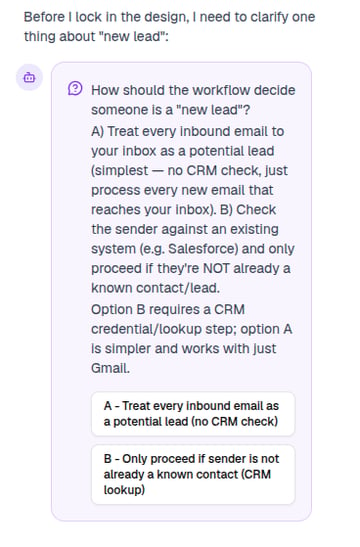 A clarifying question card in the chat, with answer options