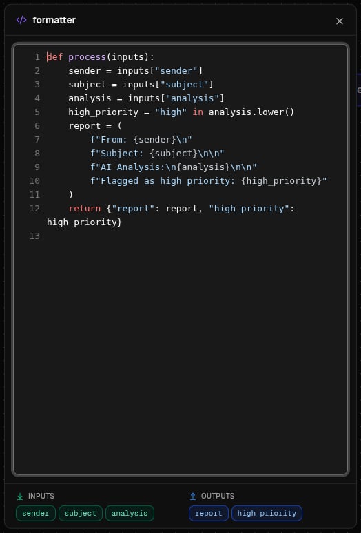 The code review panel for a custom code node the builder wrote