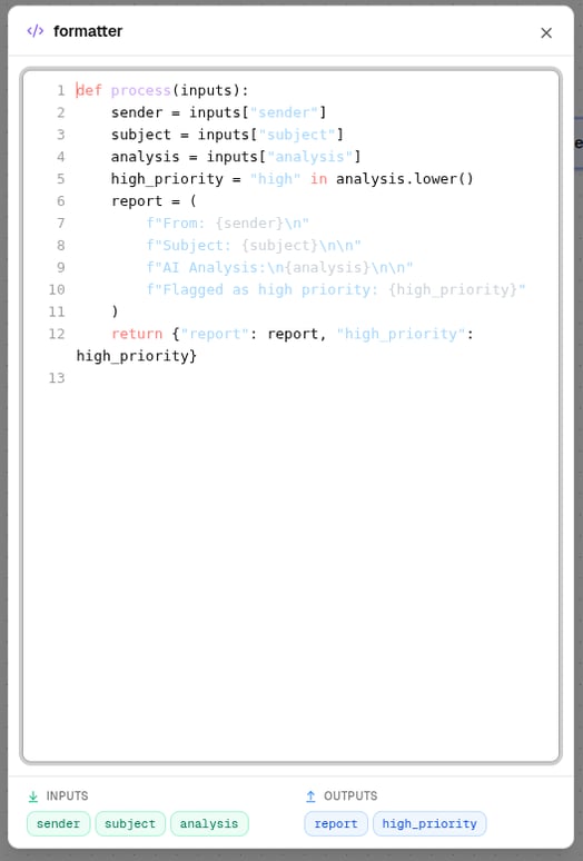 The code review panel for a custom code node the builder wrote