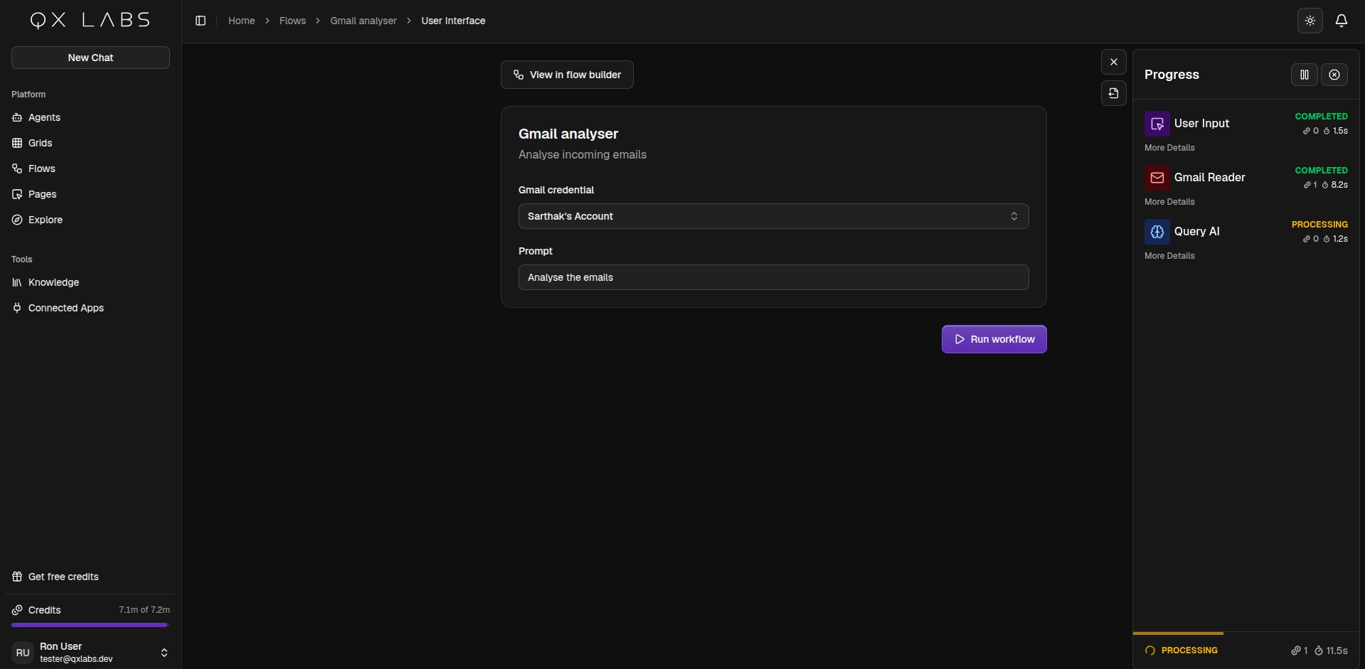 A flow's user interface page with its form fields and run button