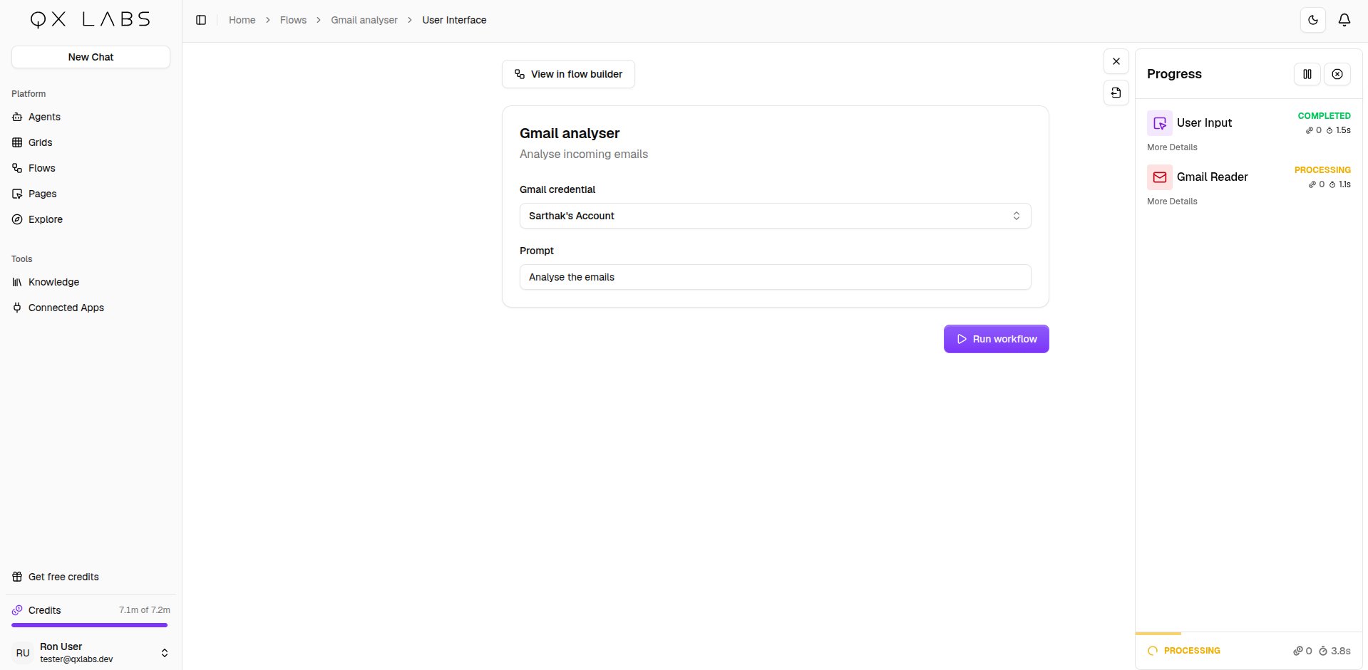 A flow's user interface page with its form fields and run button