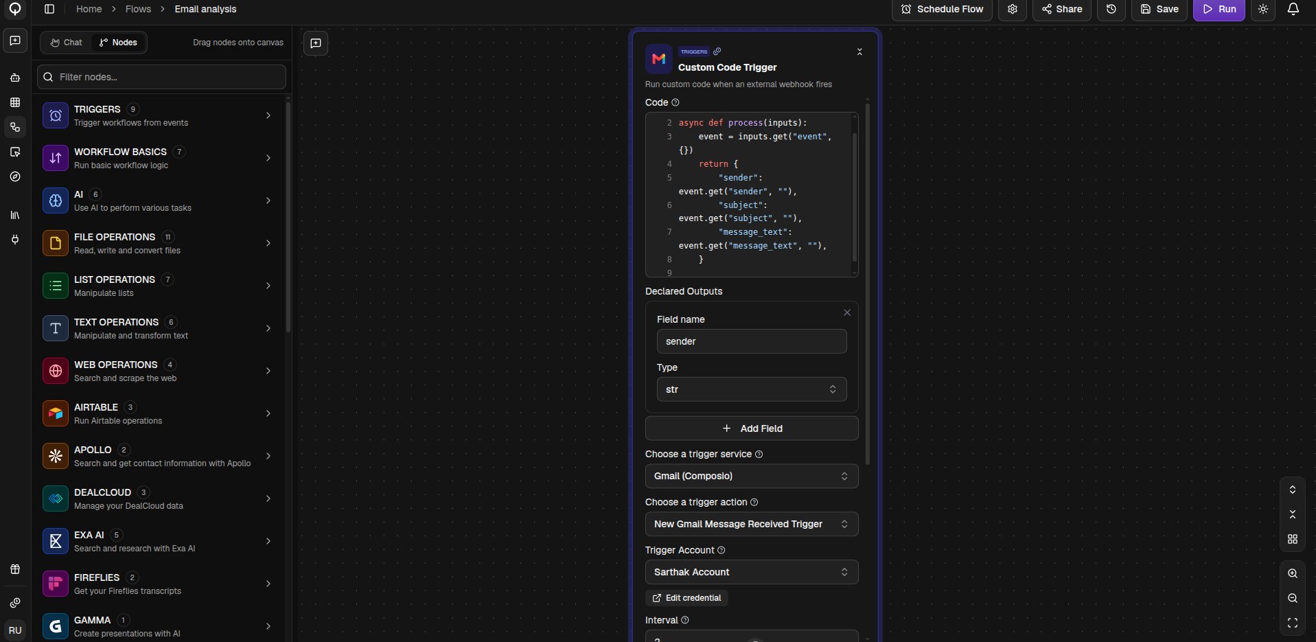 The Custom Code Trigger with its service, action, and account fields filled in