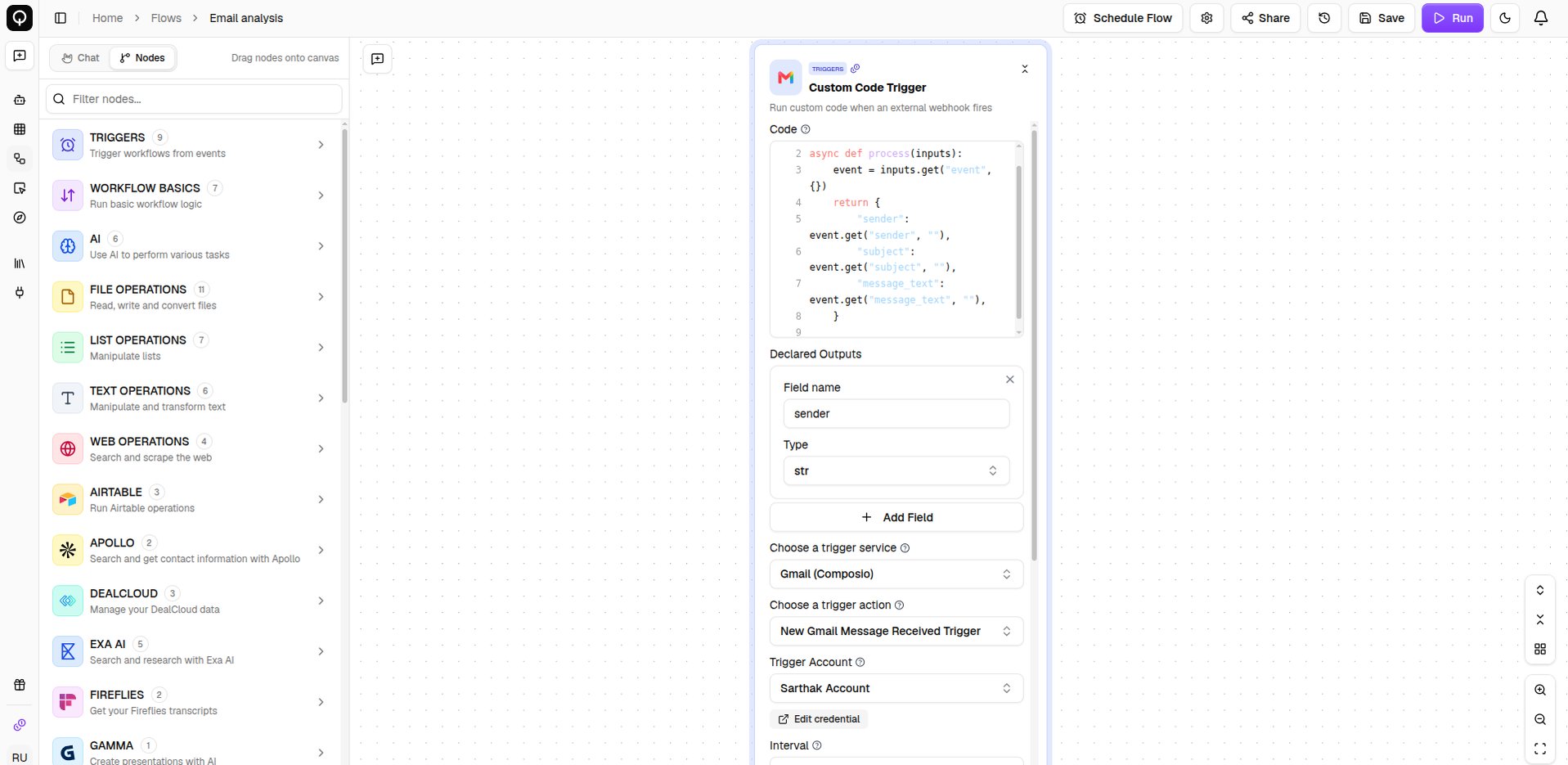 The Custom Code Trigger with its service, action, and account fields filled in
