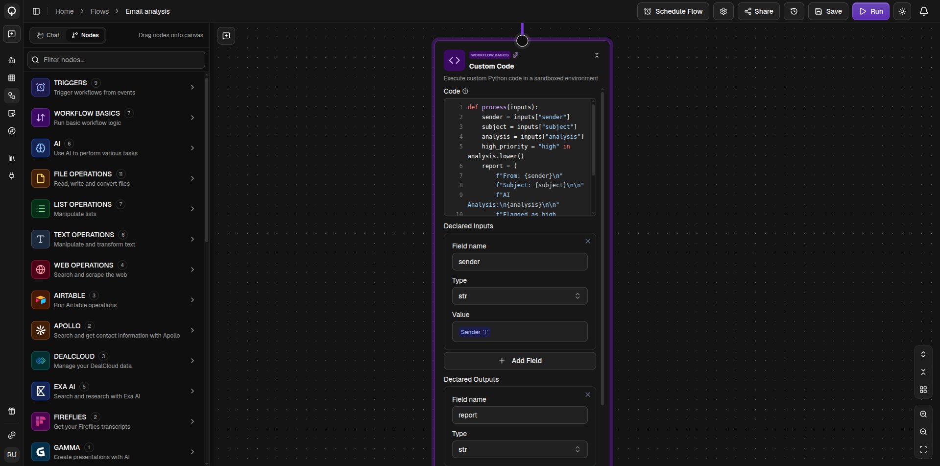 A Custom Code node showing the code editor with declared inputs and outputs