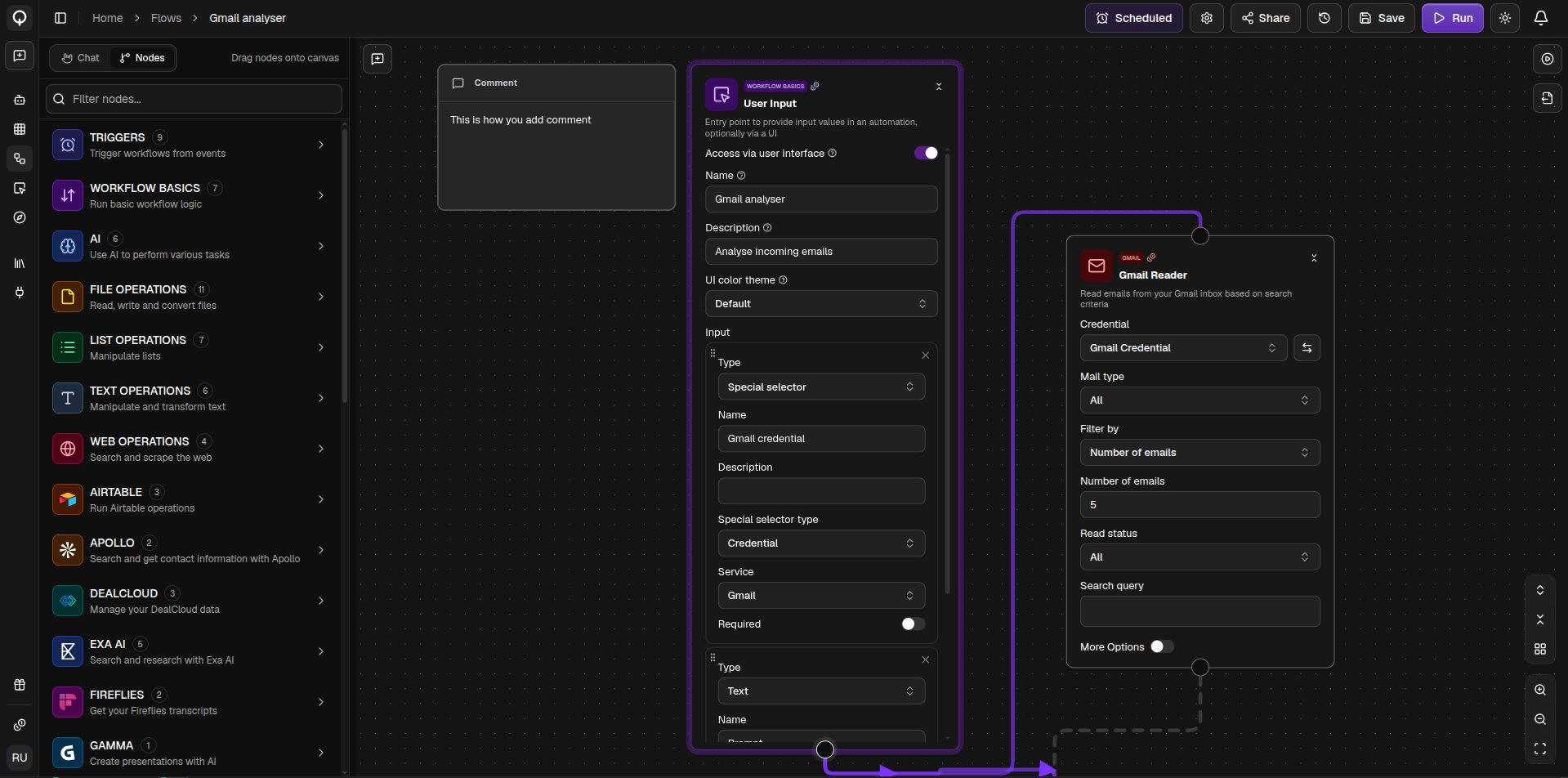 A User Input node with several fields defined