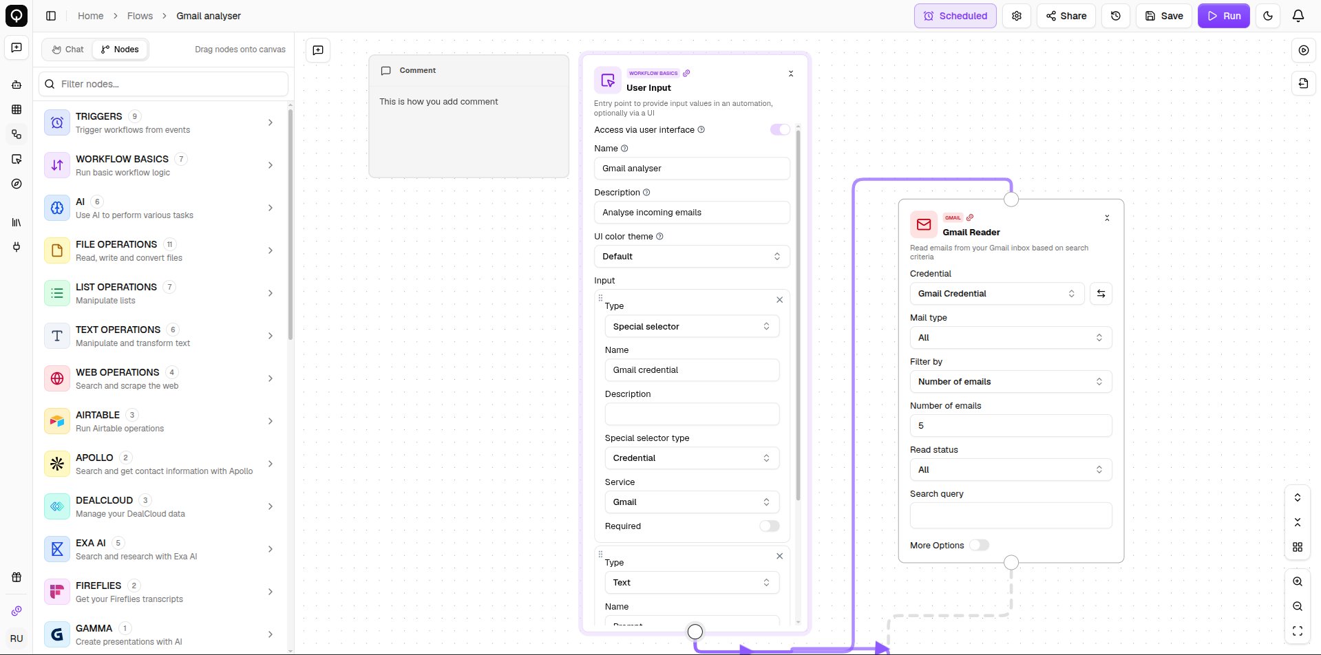 A User Input node with several fields defined