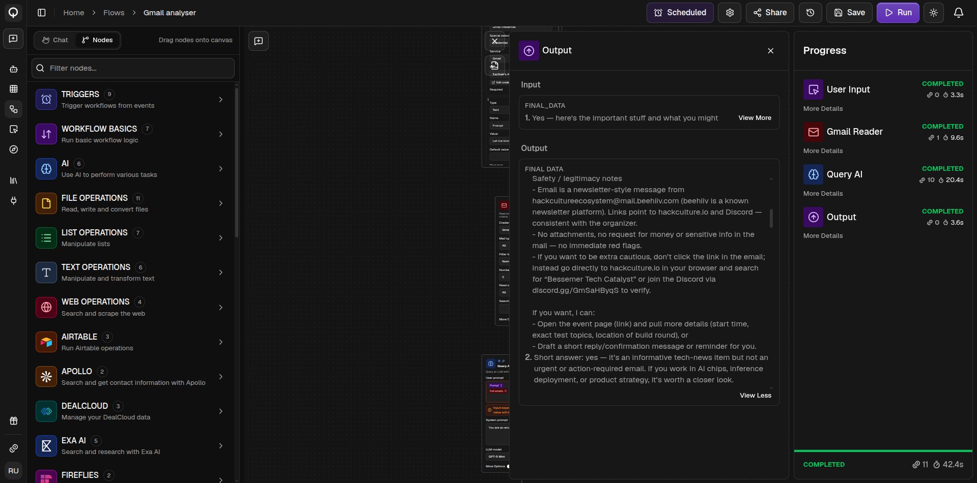 The Progress pane listing each node as the flow runs