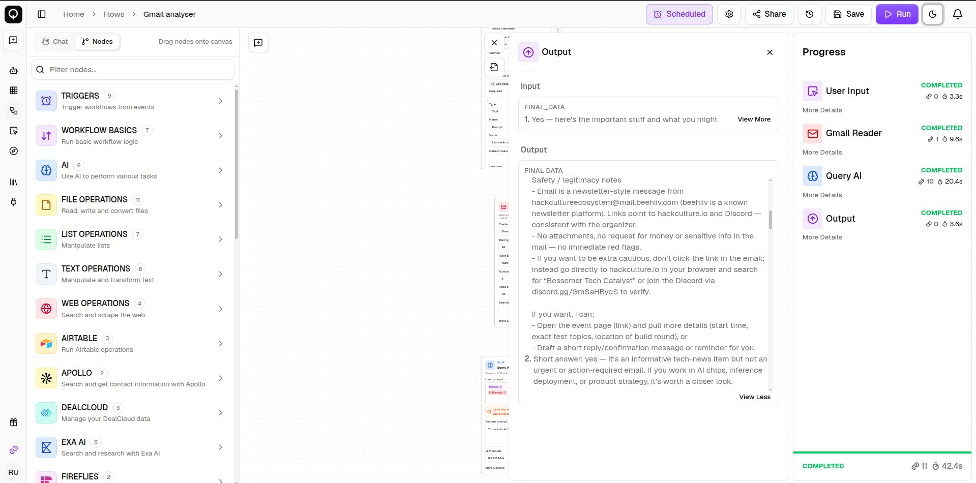 The Progress pane listing each node as the flow runs