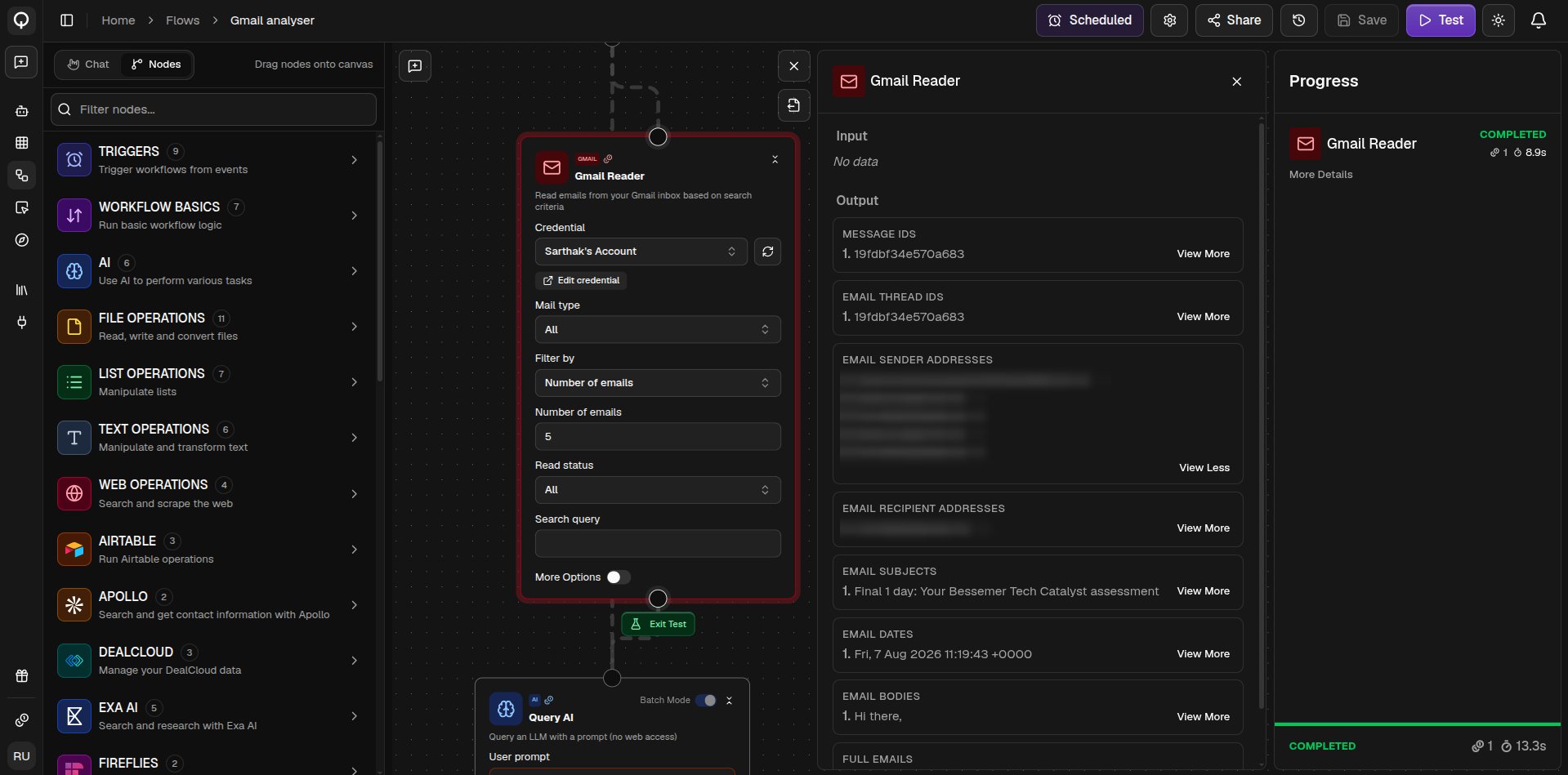A node in test mode with sample values typed into its fields