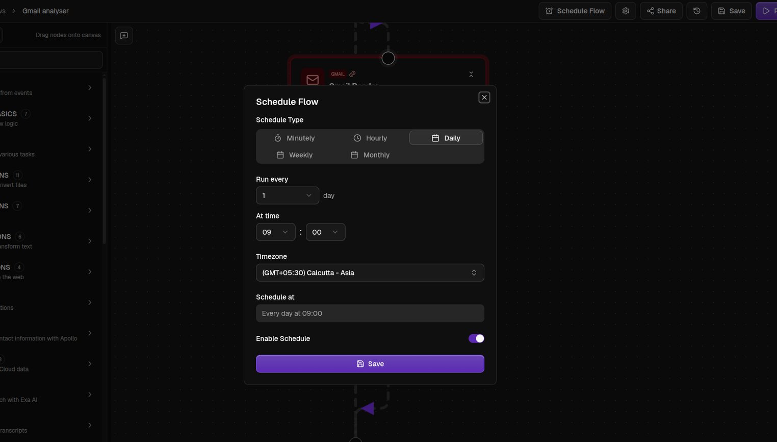 The Schedule Flow window with cadence, time, and timezone options