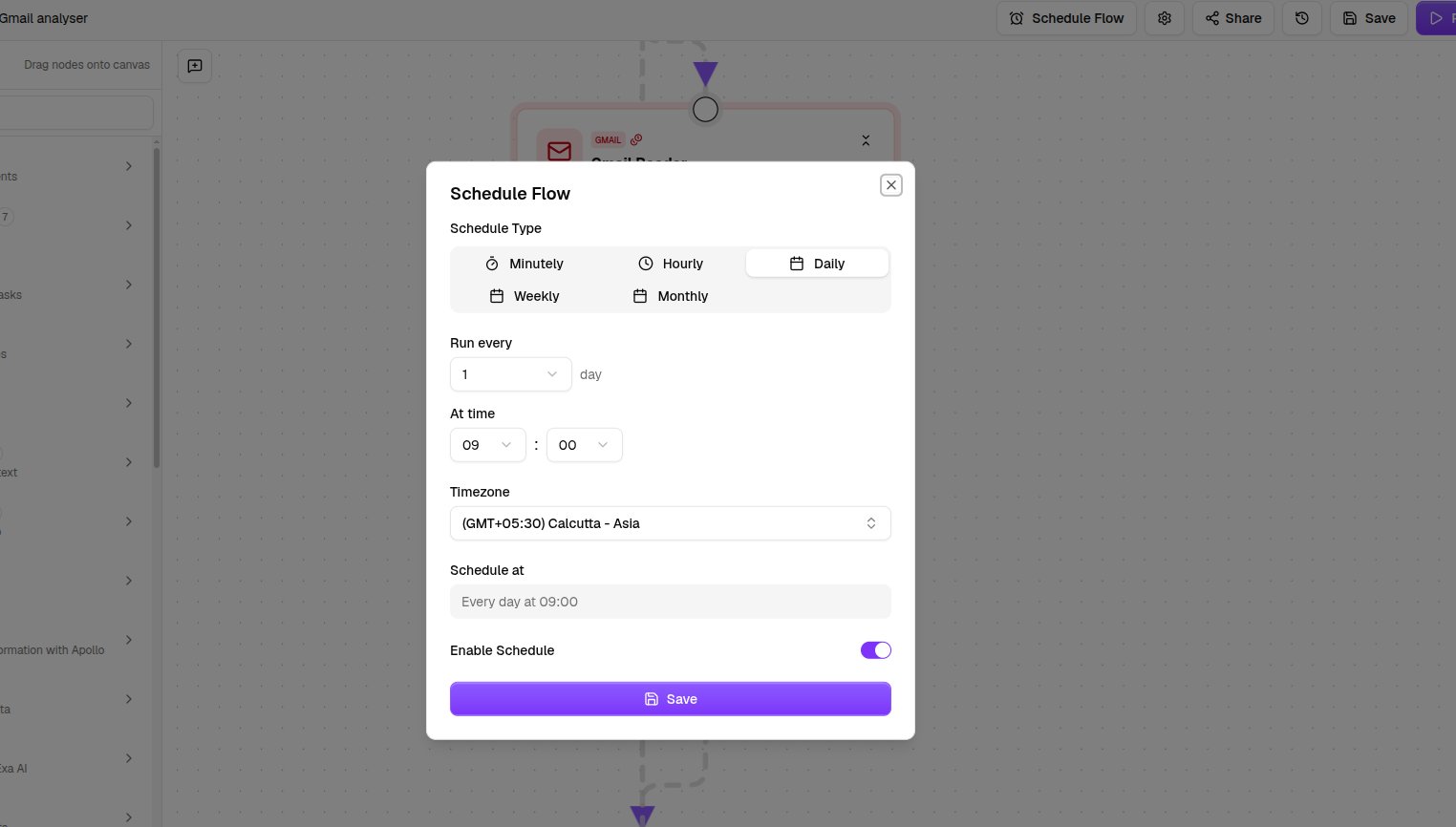The Schedule Flow window with cadence, time, and timezone options
