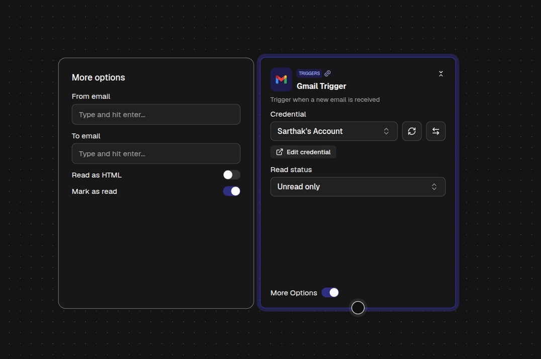 A trigger node on the canvas with its credential and filter settings