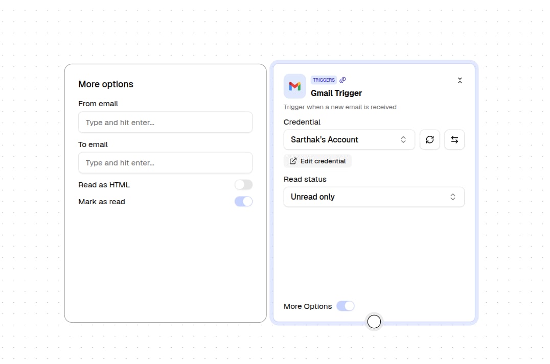 A trigger node on the canvas with its credential and filter settings